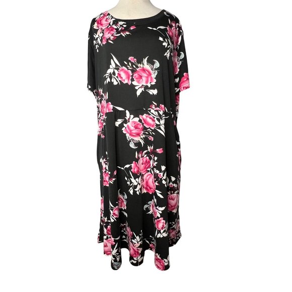 Nemido Women's Dress Size 26 Black Pink Floral Midi Short Sleeve Round Neck Pock - Picture 3 of 13